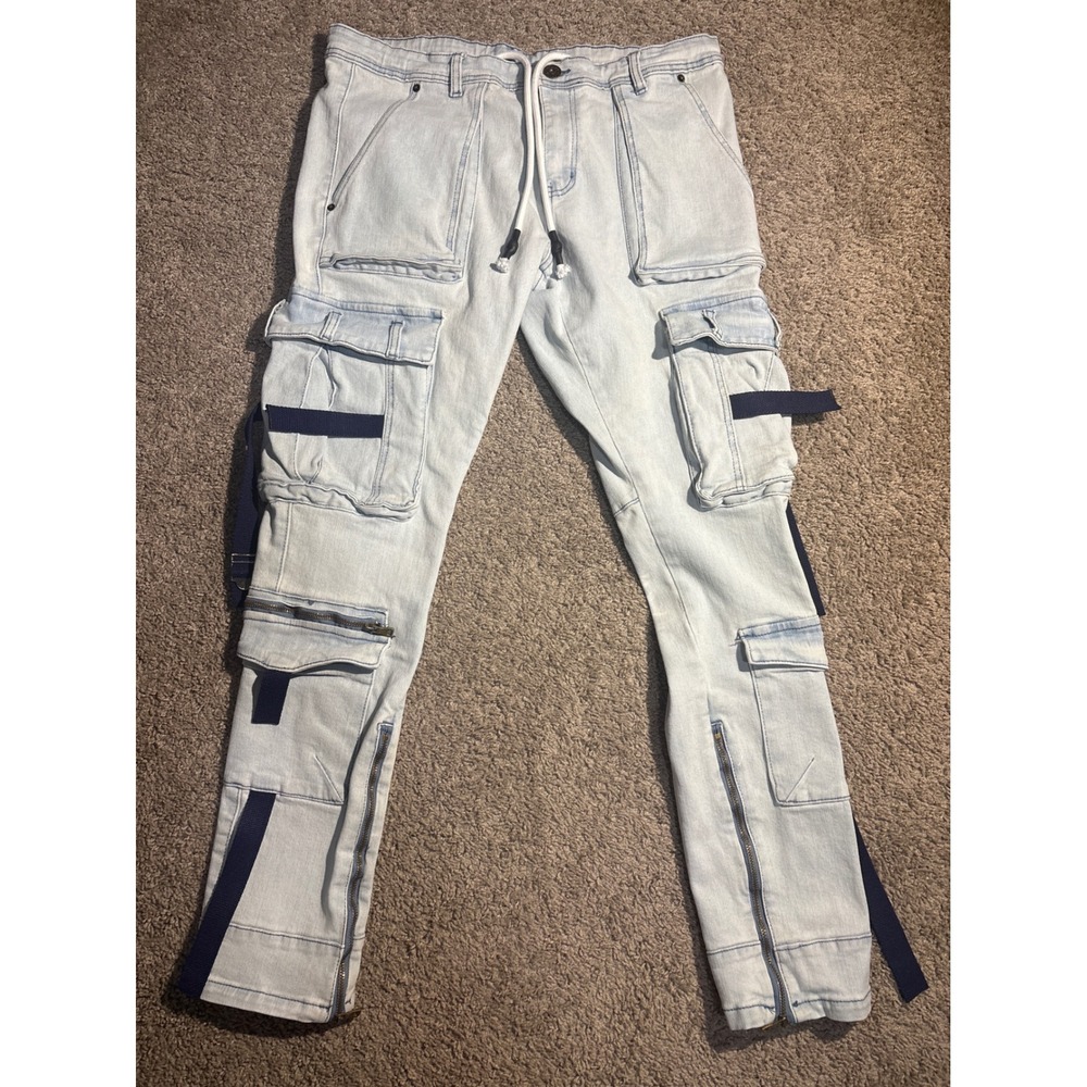 Rockstar Original Mens Light Wash Denim Cargo Jeans Tactical Straps Size 36